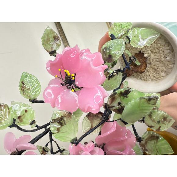 Beautiful Vintage Jade Glass Bonsai Tree Pink Flower Rose, Green Celadon Pot - Picture 2 of 10